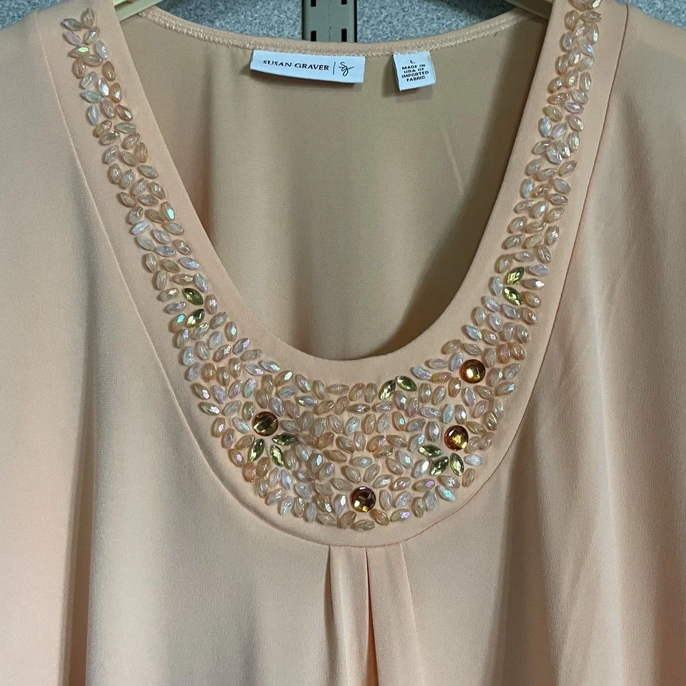 Susan Graver Liquid Knit Beaded  V Neck Top‎ Shirt  Large LN Business Casual